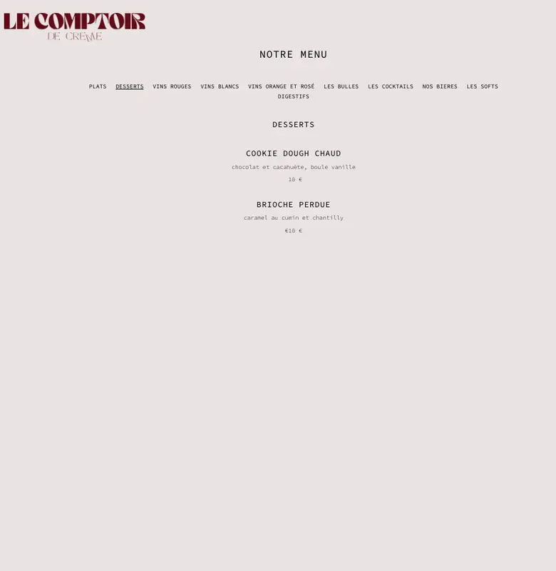 Le Comptoir de Crème dessert menu featuring Cookie Dough Chaud and Brioche Perdue at €10 each.