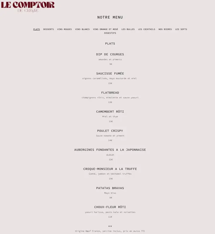 Le Comptoir de Crème restaurant menu featuring French small plates including camembert rôti, croque-monsieur truffe, and poulet crispy.